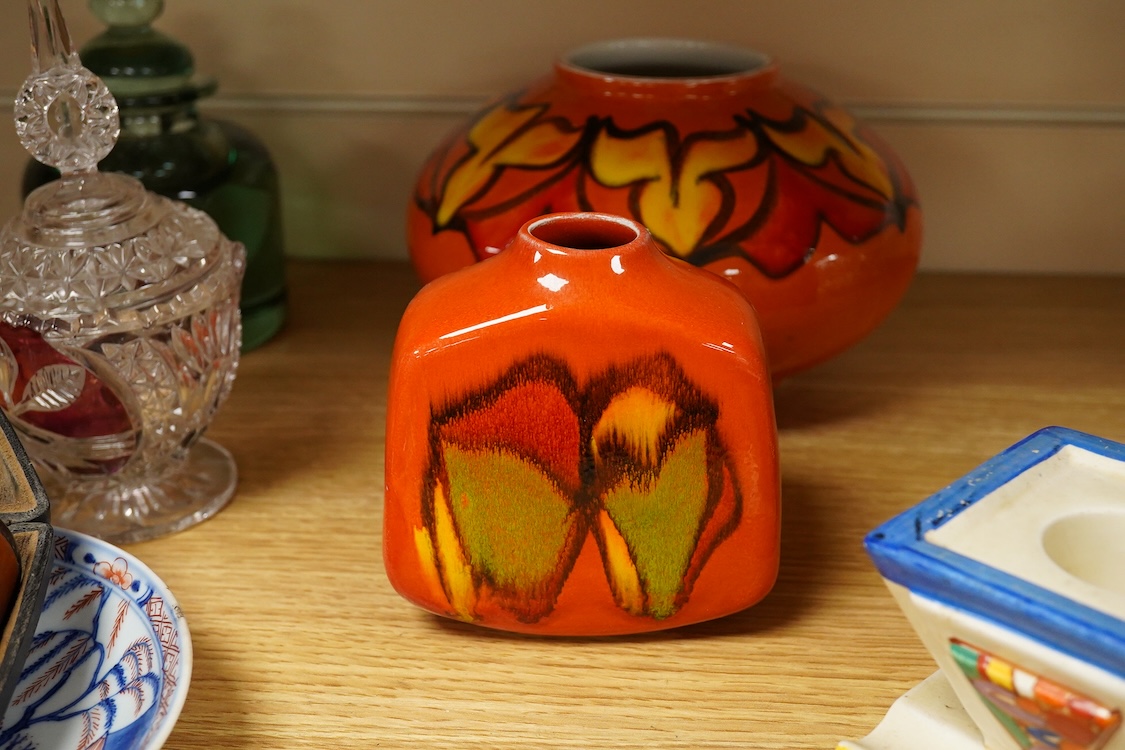 A group of mixed collectables including a Clarice Cliff Fantasque dwarf candlestick, silver mounted meerschaum pipe, etc.